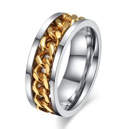 8mm Cool Black Spinner Chain Ring for Men Gold Colour Stainless Steel Rotatable Links Punk Vintage Ring Wholesale