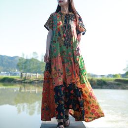 Hisenky Ladies Summer Long Beach Dress Ethnic Bohemian Shirt Dress Vintage Cotton Robe Patchwork Boho Maxi Long Dresses Vestidos T5190615