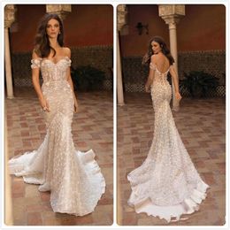 Berta Mermaid Wedding Dresses Off The Shoulder Sweep Train 3D Floral Applique Bling Beach Wedding Dress Backless Sequins Sexy Gowns 4386