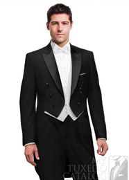 New Custom Made Black Tailcoat Peak Lapel Groom Tuxedos Groomsmen Men's Wedding Suits Best man Suits (Jacket+Pants+Vest+Tie) 1378