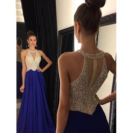 Vestidos de Fiesta Long Evening Dresses Royal Blue Chiffon A line Formal Long Dress Halter Abendkleider Custom made