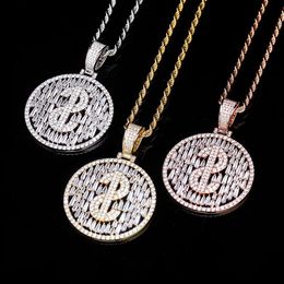 18K Gold Plated Bling Bling Cubic Zirconia Mens US Dollar Sign Round Pendant Necklace Masculina Bijoux Hip Hop Rapper Jewellery Gifts for Guys