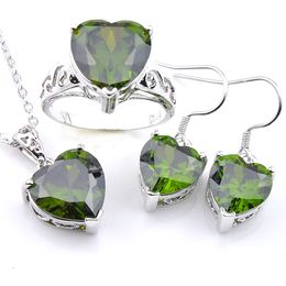 Luckyshine Mix 3st/lot Semesterpresent Klassisk Heart Fire Green Peridot Gems 925 Sterling Silver Hängen för Halsband Örhänge Ring Hol