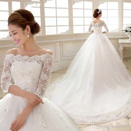 Setwell Lace Wedding Dress Boat Neck 3/4 Sleeves A-line Long Train Wedding Gowns Custom Made Plus Size Bridal Dress