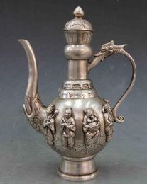 20.3 cm * /Chinese ancient copper hand-carved eight immortal dragon tea pot