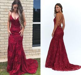 Burgundy Mermaid Evening Dresses Sexy V Neck Criss Cross Back Lace Evening Gowns Dark Green Black Backless Prom Dresses Free Fast Shipping