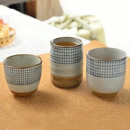Retro coarse pottery mug Japanese soup cup Ceramic hand painted lattice pattern teacup originality Coffee cup wine cups
