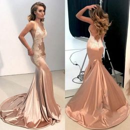 Trendy Backless Blush Pink Prom Dresses Mermaid Spaghetti Straps 2019 Sexy Applique Long Party Gowns Vestido de fiesta Formal Evening Wear