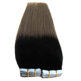 Grey Ombre Tape In Human Extensions 100G Virgin Peruvian Straight Tape in ombre hair extensions black to Grey double weft PU Skin Weft Hair