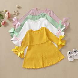 4 Colours Summer Kids Girls Solid Dress Article Pit Bow Flare Sleeve A-Line Princess Dresses Fashion Boutique Children Clothing M2220