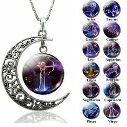 High Quality 12 Zodiac Constellations Signs Glass Dome Crescent Moon Necklace Fashion Jewellery Women Aries Gemini Cancer Leo Birthday Gift