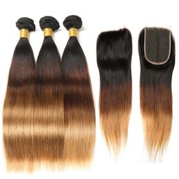 Ombre Bundles with Closure Brazilian Straight Bundles with Closure Virgin Human Hair 3 Bundles with 4*4 Lace Closure Ombre 1B/4/27 Colour