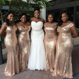 2020 Sparkly Rose Gold Sequined Mermaid Bridesmaid Dresses V Neck Short Sleeves Plus size Sexy African Black Girl Long Wedding Gowns