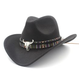Ethnic Style Cowboy Western Hat Fashion Unisex Solid Color Cowgirl Jazz Cap with Alloy Bull Head Belt for Men Women Size 56-58cm