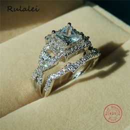 Rulalei Couple Rings Jewelry 925 Sterling Silver Princess Cut White 5A Cubic Zircon Party Women Wedding Bridal Ring Set