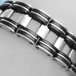 Wholesale- Men Silver Stainless Steel Black Rubber Motorcycle Biker Chain Bracelet