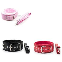 Bondage Plush Leather Restraint Set Neck Collar Cuffs with Leash Roleplay Game Sexy #R45