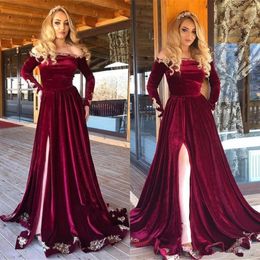 NEW Velvet Long Sleeves Evening Dresses With Off The Shoulder Beads Side Front African Prom Dress With Lace Appliques Women Party Gowns