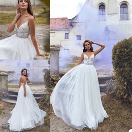 Sexy Boho Wedding Dresses Spaghetti Strap Sleeveless Bridal Gown Backless Appliqued Lace Ruched Sweep Train Custom Made Robes De Mariée