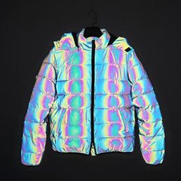 Wholesale-Rainbow Colour reflective winter jacket men women warm thick hooded coat nightclub Colourful reflective jackets DJ stage costume