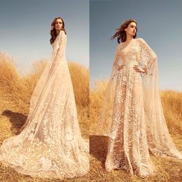 Beautiful Zuhair Murad A Line Wedding Dresses Jewel Long Sleeve Cowl Backs Lace Applique Wedding Gowns Sweep Train robe de mariée