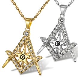 High Quality 316 Stainless Steel Gold Silver Freemason Masonary Masonic Pendant Compass Square Star Necklace Pendant Jewellery With CZ Stones