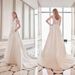 Newest A Line Dany Tabet Wedding Dresses Jewel Neck Sleeveless Applique Tulle Lace Ruched Sequins Wedding Gown Sweep Train robe de mariée