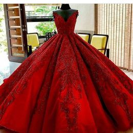 2022 Luxury Dark Red Ball Gown Quinceanera Dresses Sweetheart Lace Appliques Crystal Beaded Sweet 16 Puffy Tulle Plus Size Prom Ev192D