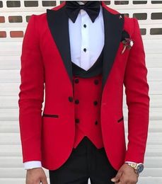 Latest Design One Button Red Wedding Men Suits Peak Lapel Three Pieces Business Groom Tuxedos (Jacket+Pants+Vest+Tie) W1094