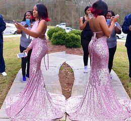 Sexy Pink Backless Prom Dresses Sparkly Sequins Mermaid Sweep Train Halter African Black Girl Evening Gown Formal Ocn Wear Plus Size 403 403