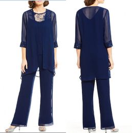 Navy Blue Chiffon Three Piece Mother of the Bride Pant Suits with Jackets Long Sleeves Beaded Plus Size Wedding Guest Mother Dresses