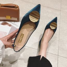 Hot Sale-2019 Metal All-match Autumn Round Buckle Sharp Silks And Satins Noodles Level With Flat Bottom Woman Shoes Shallow Mouth Single