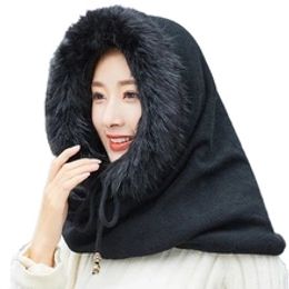 Women Winter Warm Knitted Hat Scarf Set Outdoor Sport Plus Plush Skullies Beanies Caps Hooded Scarves