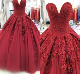 Alluring Dark Red Lace Hand Made Flowers Ball Gown Wedding Dresses Beaded Crystal Court Train Strapless Corset Back Bridal Gowns New 2020