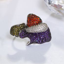 Fashion-New Multi Colourful Crystal Zirconia Big Rings Party Trendy Flower Jewellery Top Quality Beautiful Large Ring for Women