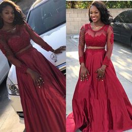 Two Modest Red Piece Prom Dresses Long Sleeves Illusion Scoop Neck Lace Applique Tulle Satin Swep Train Evening Gown Formal Ocn Wear
