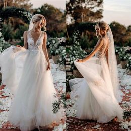 hot sale sexy vneck wedding dresses appliqued lace boho cheap bridal gown sweep train sleeveless ruched tulle custom made robes de marie