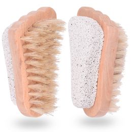 Dead Skin Remover Wooden Foot Brush with Natural Bristles and Pumice Stone Spa Massage Brush W9744