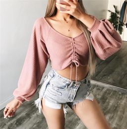 Women Slim Bow Tie Winter Knitted Sweater V-Neck Crop Sexy Sweaters and Pullovers Lantern Sleeve All-Match Black T