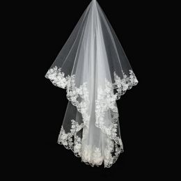 Short Wedding Veil Lace Appliques Two Layers Custom Made Cheap Bridal Veils White Ivory Veil In Stock