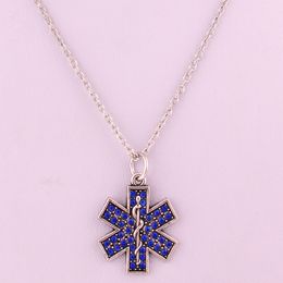 Alloy Metal Silver Plated Blue Crystal Hexagon And Snake Pendant Diabetes Medical Alert ID Necklace