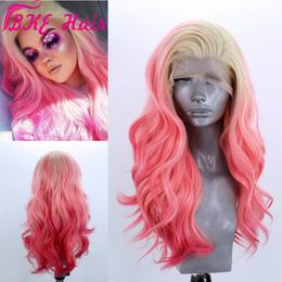 Handgebundene Ombre Pink Lange gewellte 360-Spitzen-Vollhaarperücke Seitenteil Leimlose synthetische Lace-Front-Perücken für Cosplay Make-up