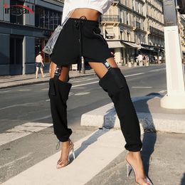 InstaHot Black Drawstring Buckle Pencil Pant Women Zipper High Waist Harem Cargo Pants Streetwear Casual Solid Rock Trousers