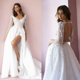 Fashion Wedding Dresses Sexy High Split V Neck Long Sleeve Lace Bridal Gowns Illusion Backless 3D Floral Appliques Sweep Train Wedding Dress