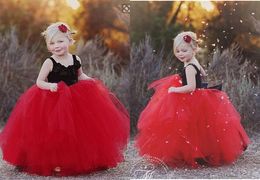 -New Red And Black Ball vestido Flower Girl Dresses Tulle inchado saias tutu Spaghetti com a mão Feito florais Crianças Pageant Vestidos