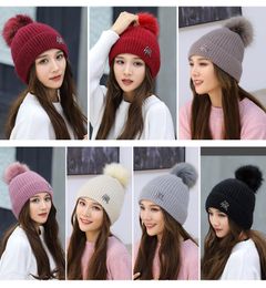 Winter Knitted Hat Double-deck Beanie Wool Cap With Rabbit Hair Ball Earmuffs Hat Casual Skull Caps Outdoor Warm Hats Free Ship