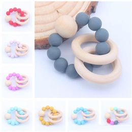 2020 New Baby Teether Rings Food Grade Beech Wood Teething Ring Soothers Chew Toys Shower Play Chew Round Wooden Bead Silicone teether