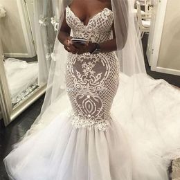 vintage mermaid wedding dresses plus size african lace appliqued tulle sweep train bridal gowns sweetheart boho vestido de novia