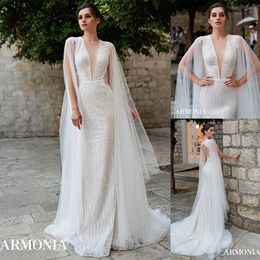 Newest Tmarmonia Mermaid Wedding Dresses Jewel Neck Sleeveless Tulle Lace Applique Pears Wedding Gowns Sweep Train robe de mariée
