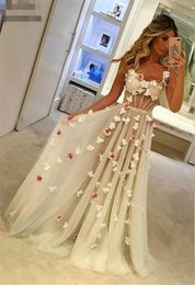 2020 New Elegant White see through waist flowers Skirt Evening Dresses Hand Made Flower Sweetheart Straps Crystal Lace Applique Tulle Prom